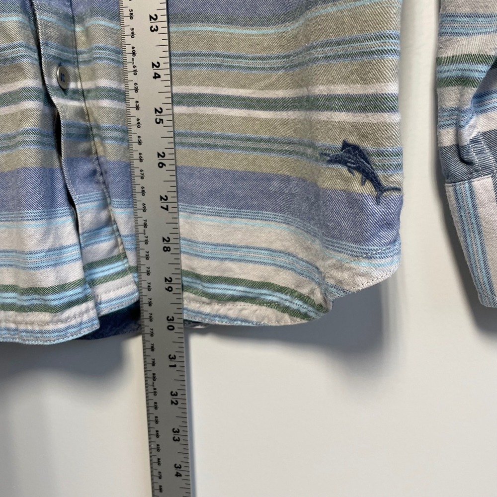 Tommy Bahama Size L Blue Green Striped Long Sleeve Cotton Flannel Twill Shirt - Picture 6 of 8